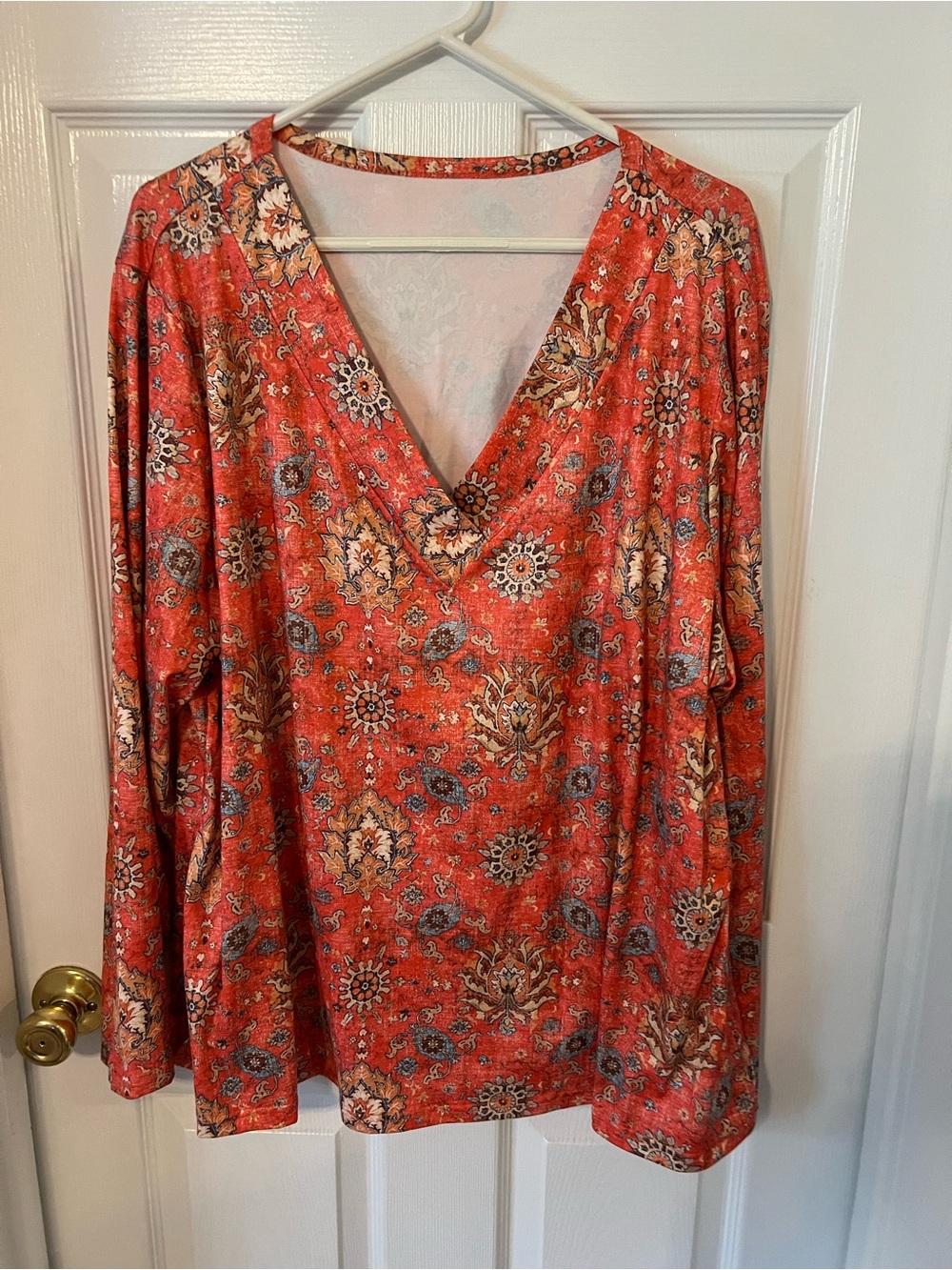 SHEIN Orange Floral Paisley V-Neck Long Sleeve Tunic